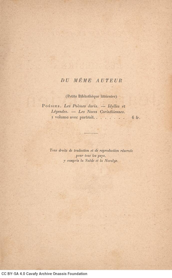 18.5 x 12 cm; 6 s.p. + 248 p. + 2 s.p., l. 1 bookplate CPC on recto, l. 2 half-title page on recto, other works by the same a